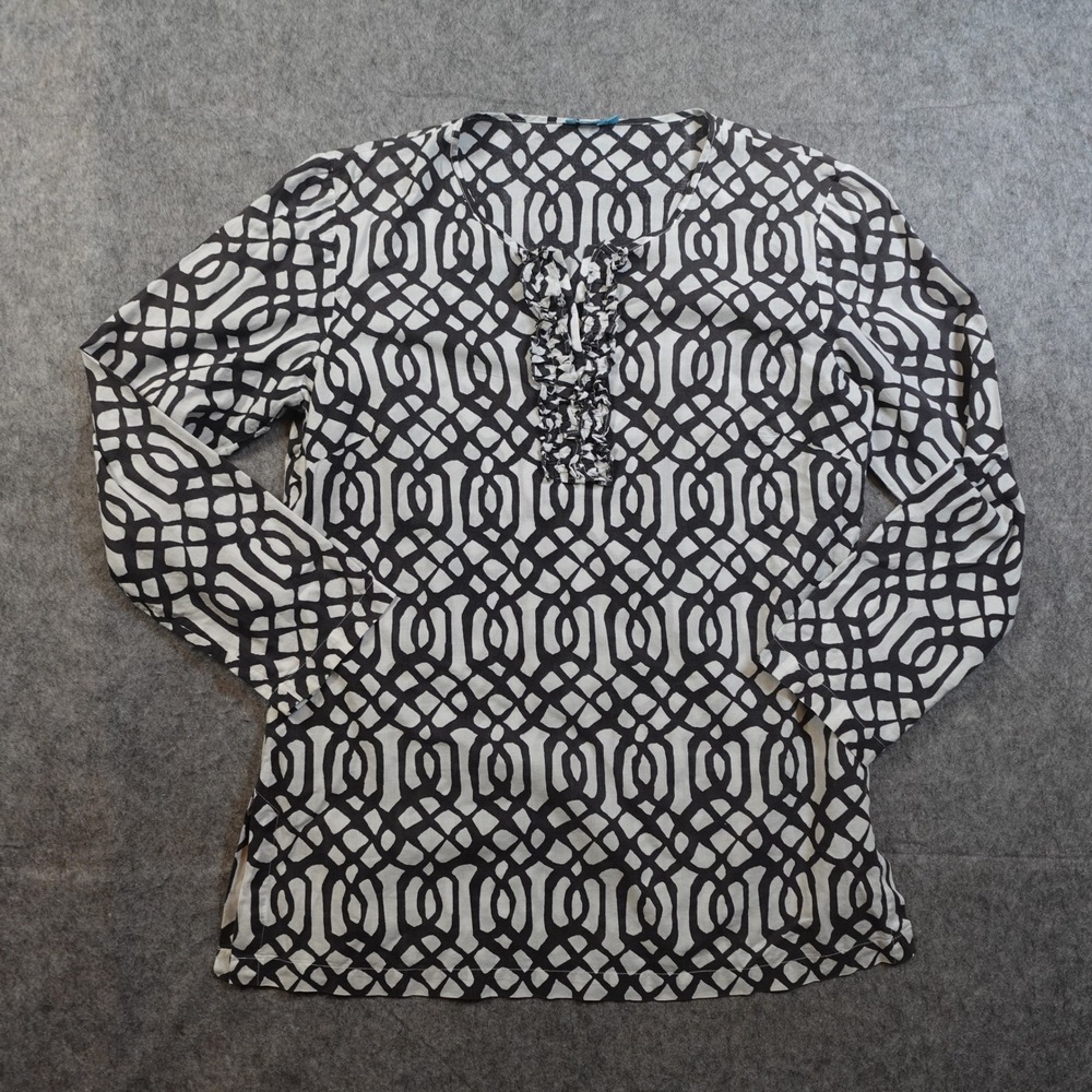 J McLaughlin Top Womens Extra Small White Black Geometric Ruffle Front Long Slv
